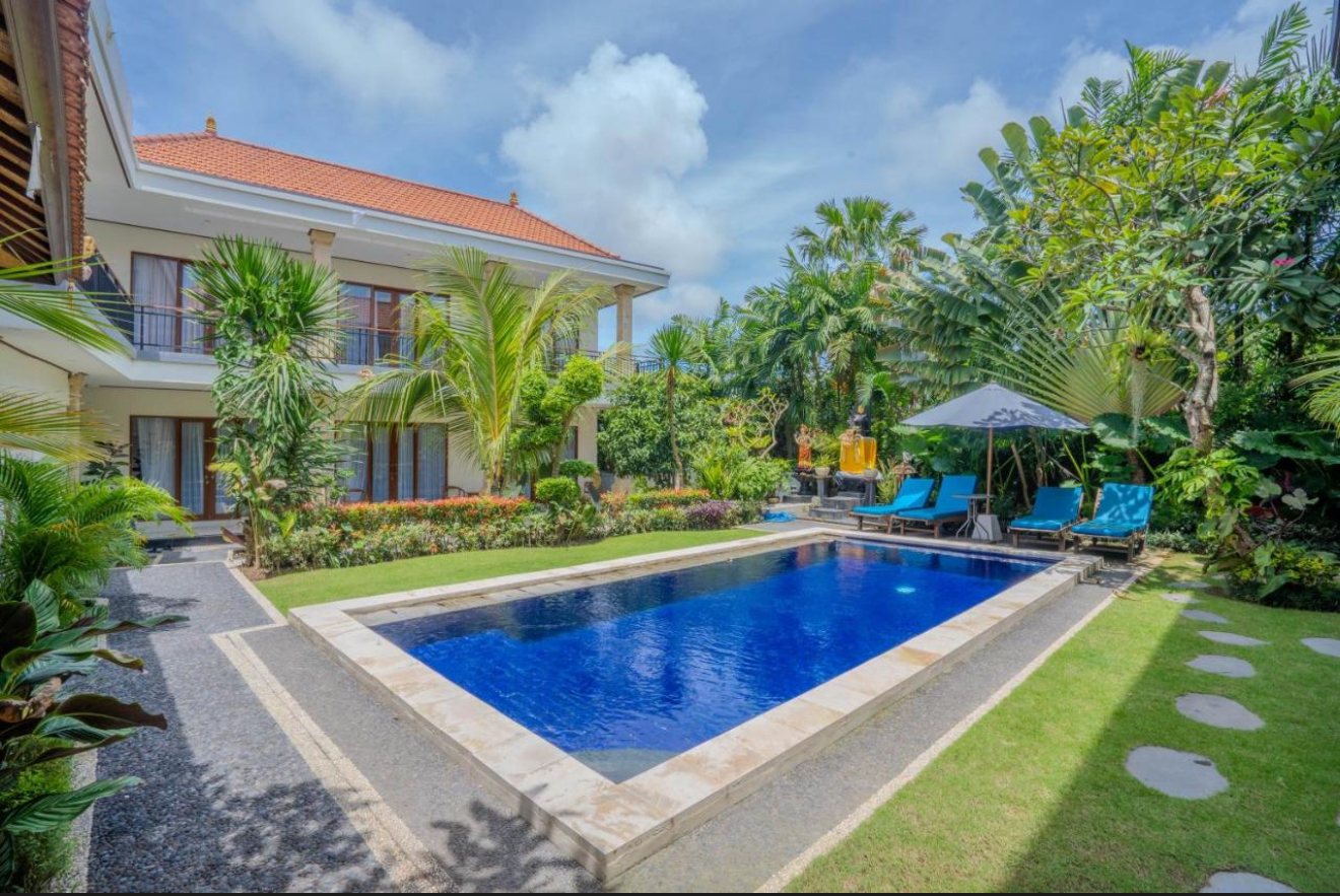 The accommodation: pool in the garden